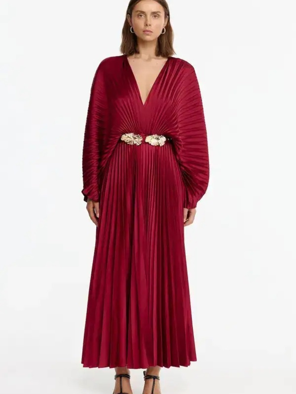 Ancler Elegant Burgundy Pleated V-Neck Maxi Dress